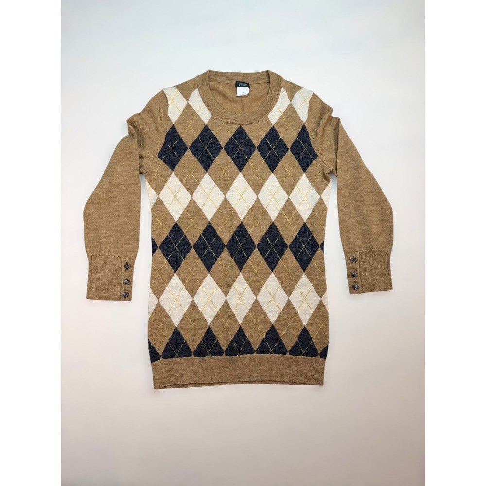 J.Crew Womens XS Merino Wool Argyle Sweater Camel Navy Crewneck Button‎ Cuff